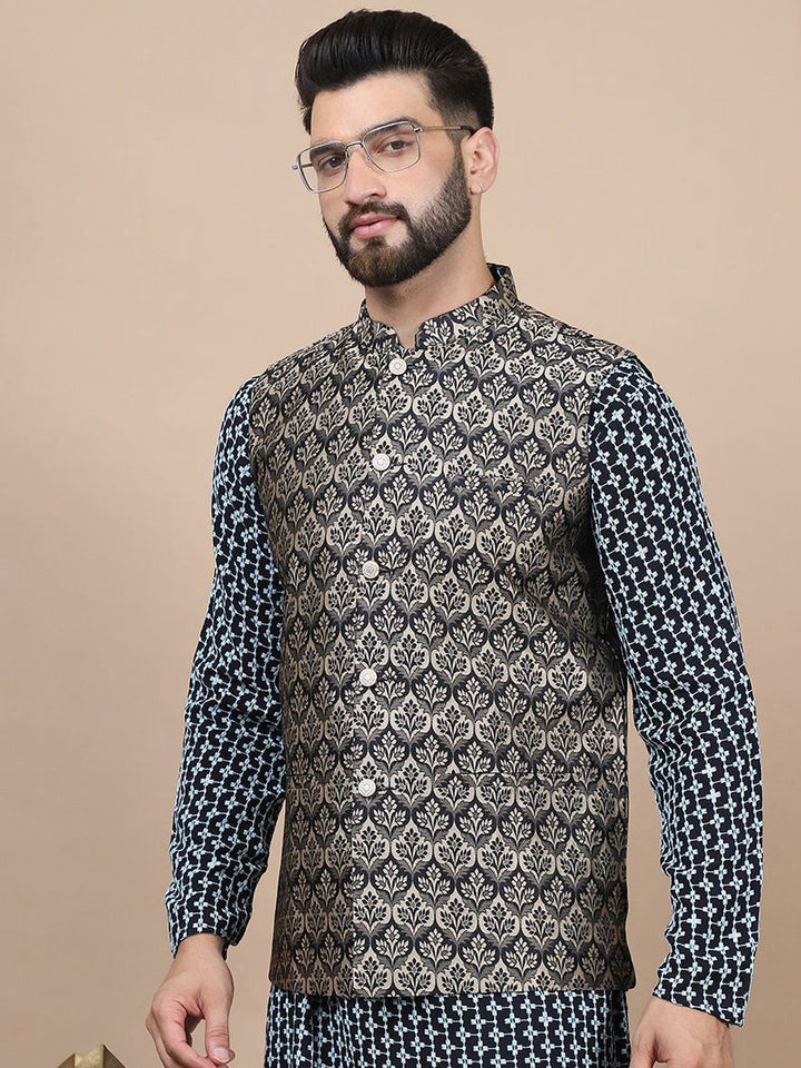 Anouk Geometric Embroidered Regular Cotton Straight Kurta With Churidar & Nehru Jacket