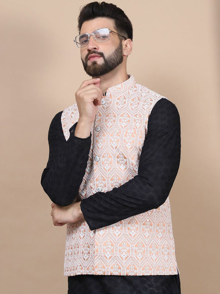 Anouk Black Floral Embroidered Straight Thread Work Pure Cotton Kurta with Churidar