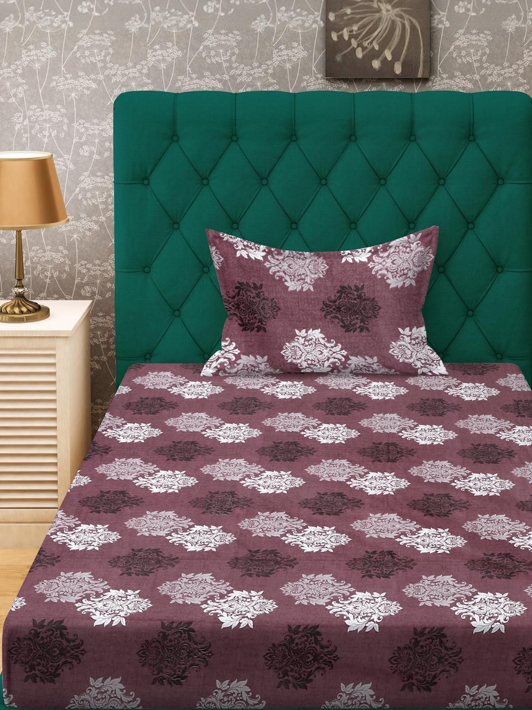KLOTTHE Maroon Floral Cotton Single Bedsheets