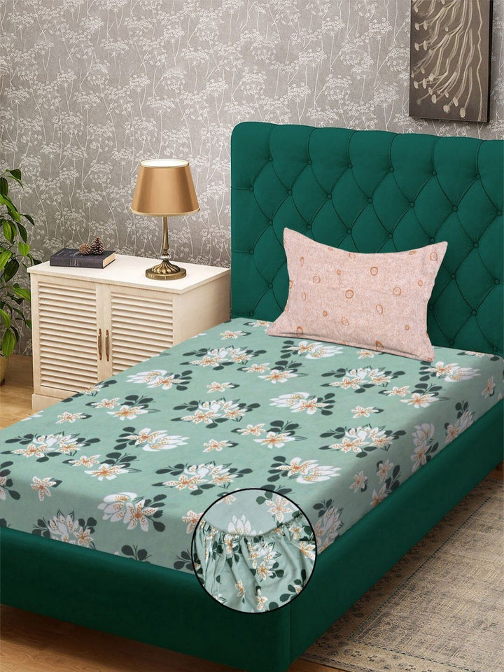 Aura Green & White Floral 300 TC Fitted Single Bedsheet Set 2.25 m x 1.50 m