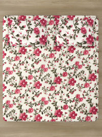 KLOTTHE Cream & Pink Floral Printed Flat 300 TC King Double 7D Bedsheet & 2 Pillow Cover