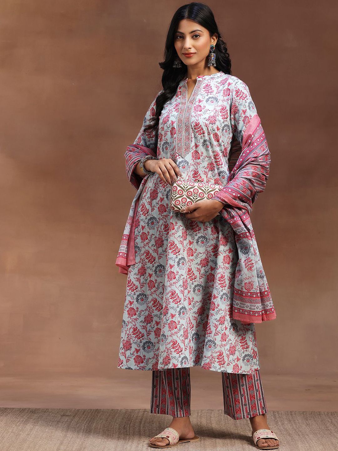 Libas Floral Printed Pure Cotton Kurta with Trousers & Dupatta