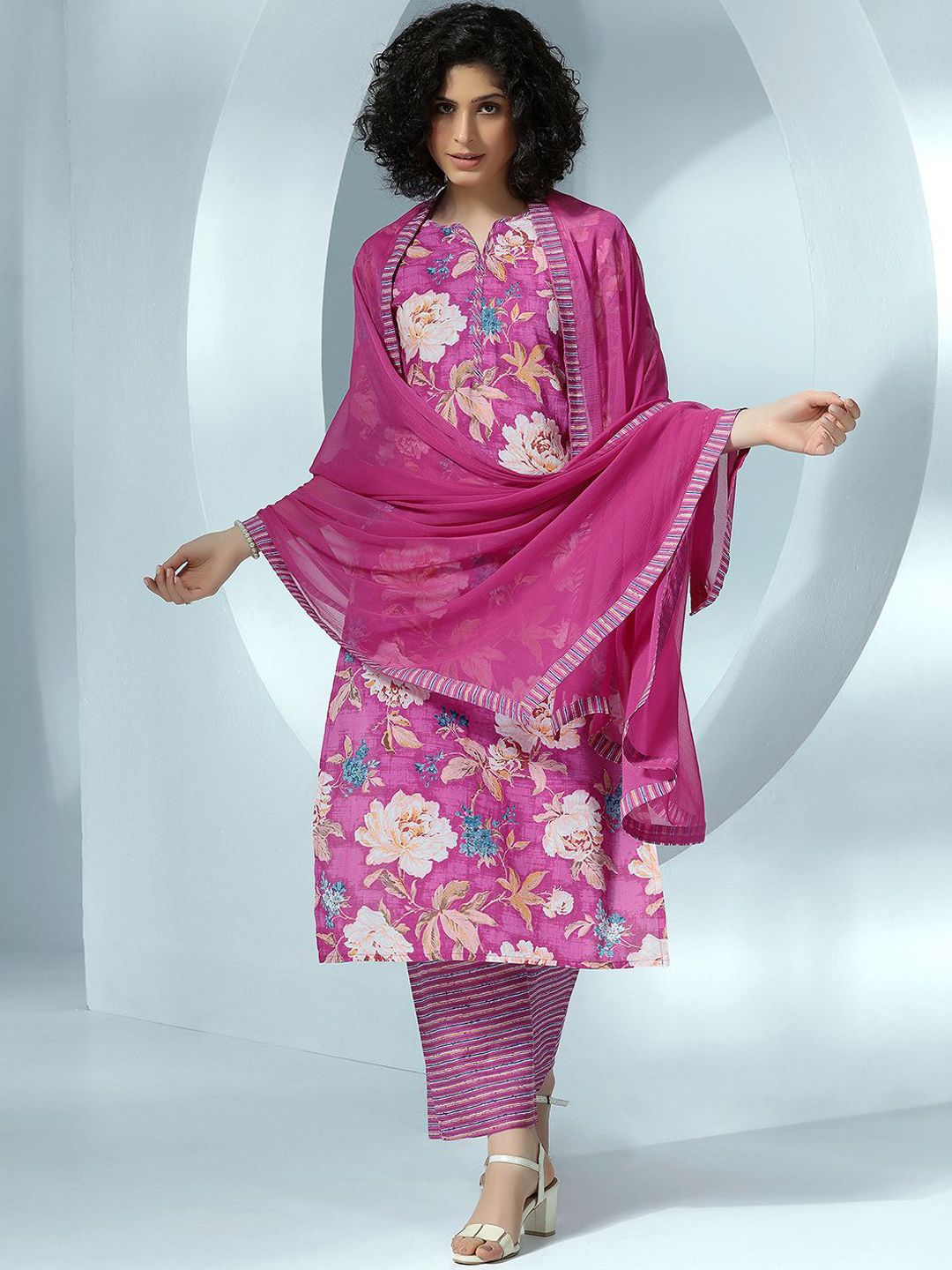 Libas Women Floral Printed Regular Pure Cotton Kurta with Palazzos & With Dupatta