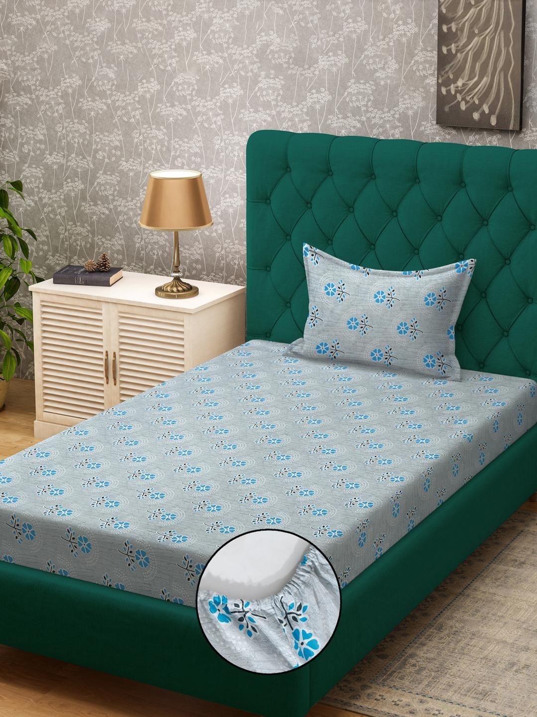 KLOTTHE Blue Floral Cotton Single Bedsheets