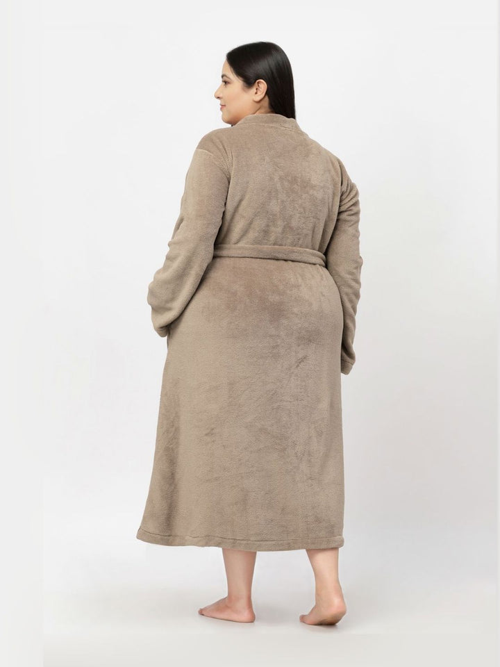 KLOTTHE Plus Size Brown Woollen Long Sleeves Bath Robe With Belt
