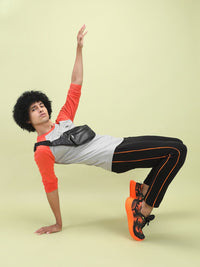The Indian Garage Co Men Grey Melange  Orange Colourblocked Round Neck Pure Cotton T-shirt