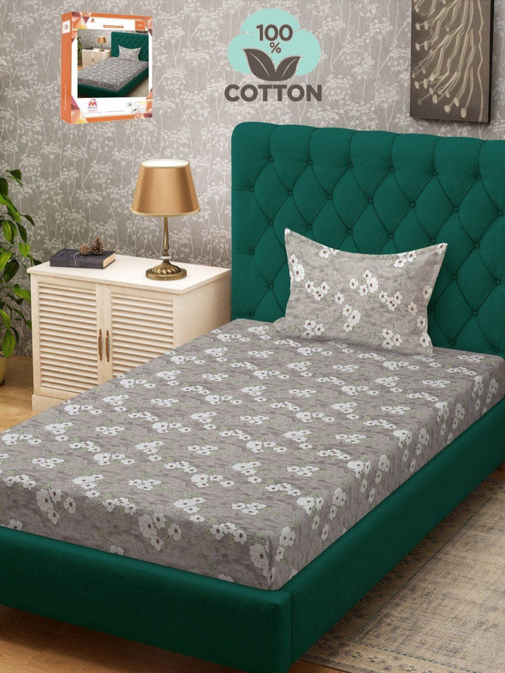Myntra Elegant Homes Grey Floral Pure Cotton Breathable 400 TC Single Superfine Bedsheet with a Pillow Cover-59 x 87 inches