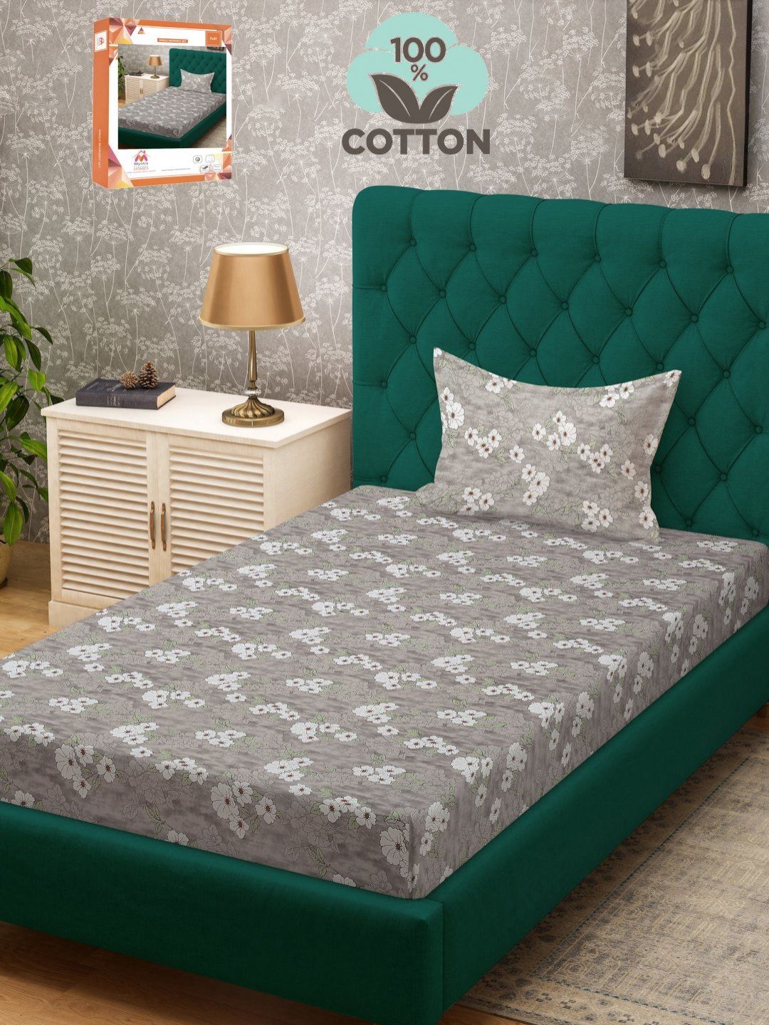 Myntra Elegant Homes Grey Floral Pure Cotton Breathable 400 TC Single Superfine Bedsheet with a Pillow Cover-59 x 87 inches