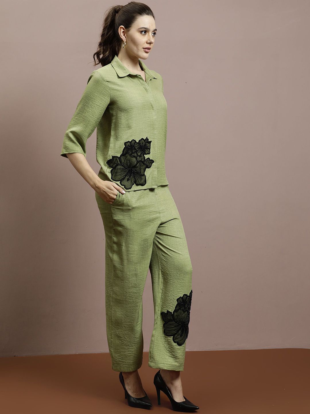Athena Embellished Linen Shirt With Trousers
