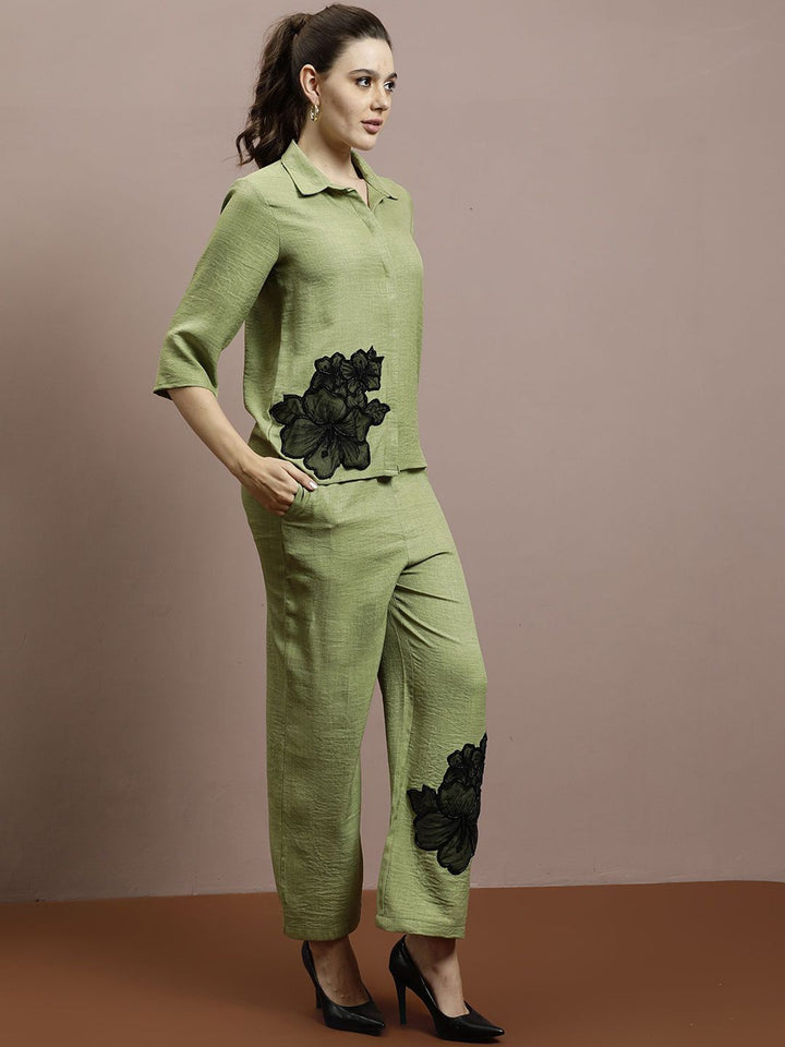 Athena Embellished Linen Shirt With Trousers