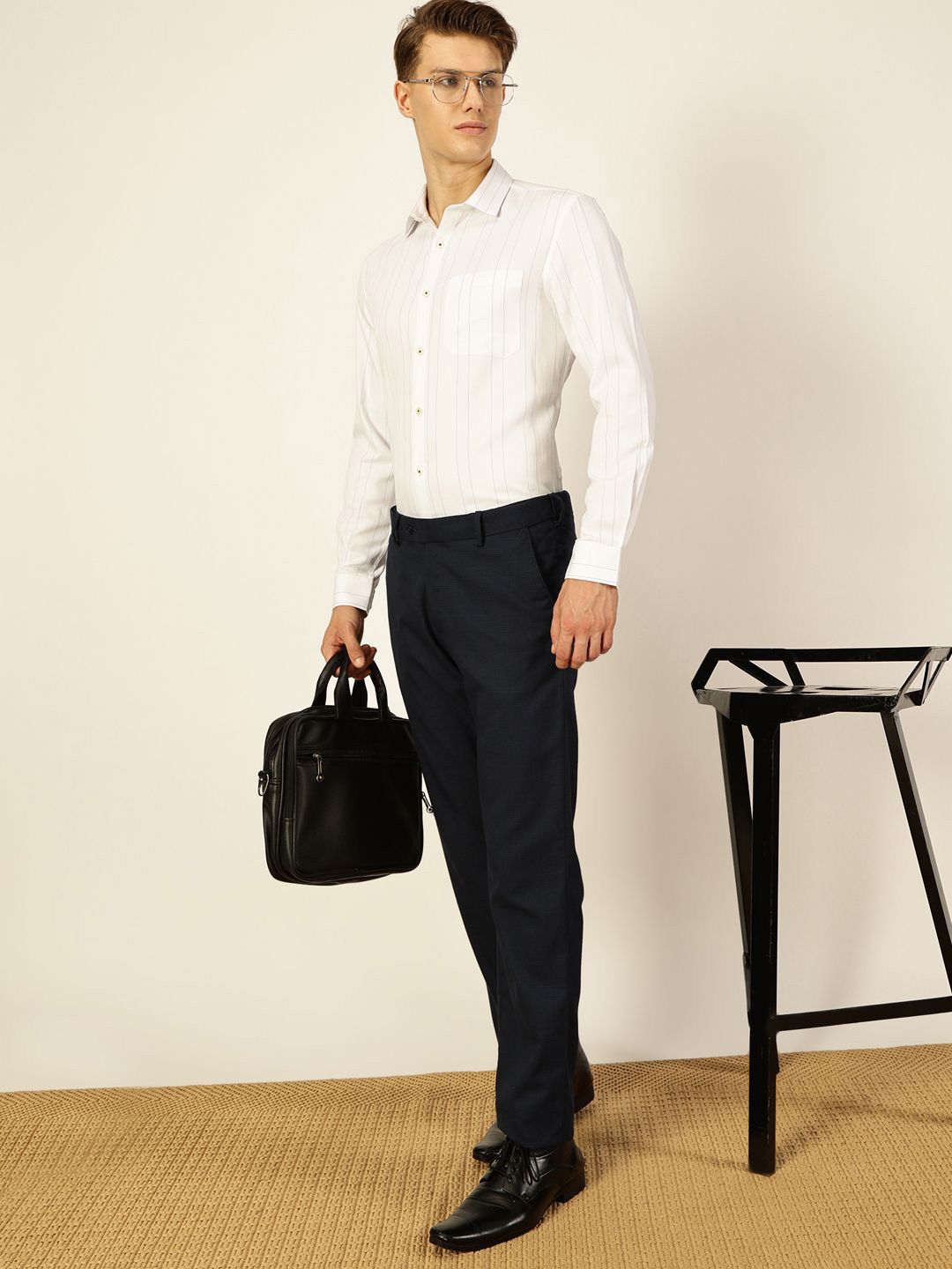 Thomas Scott Men Smart Spread Collar Vertical Striped Cotton Formal Shirt