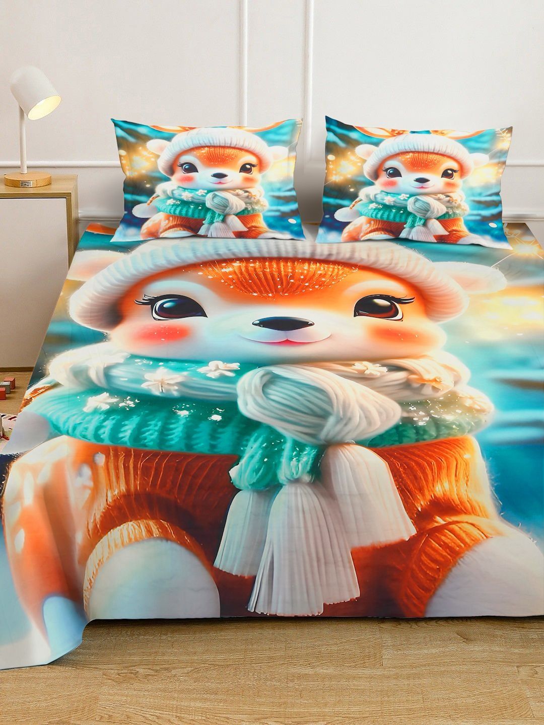 Cetakan Kartun Hijau & Putih Dilengkapi 400 TC King Double Cadar 7D Dengan 2 Sarung Bantal