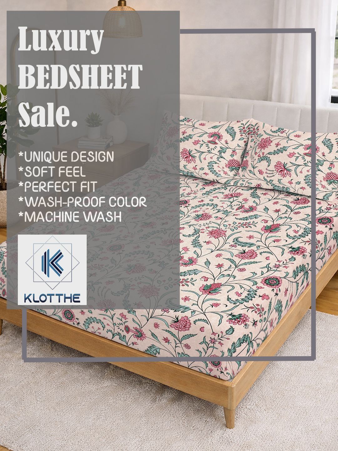 KLOTTHE Beige & Blue Printed 300 TC Double Bedsheet With 2 Pillow Covers- 2.5 m x 2.25 m