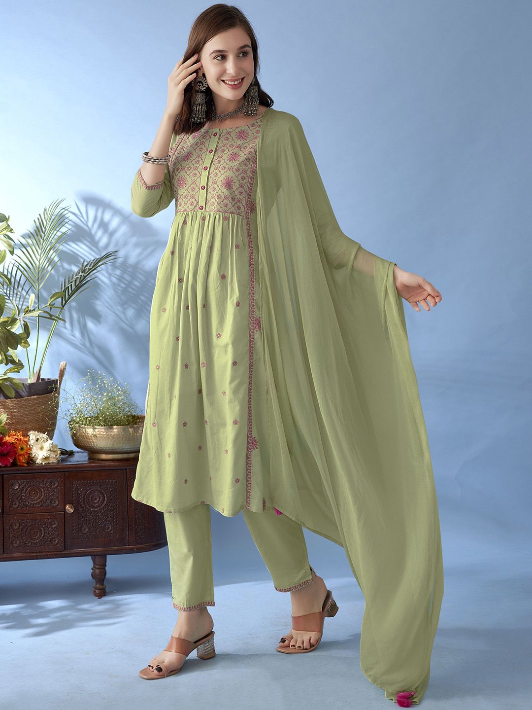 Anouk Floral Embroidered Thread Work Pure Cotton Anarkali Kurta With Trousers & Dupatta