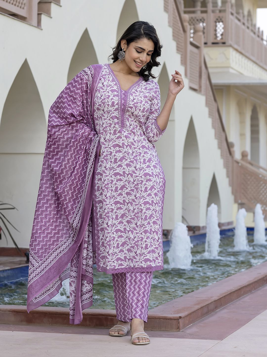 KALINI Women Floral Printed Regular Pure Cotton Kurta with Trousers & With Dupatta