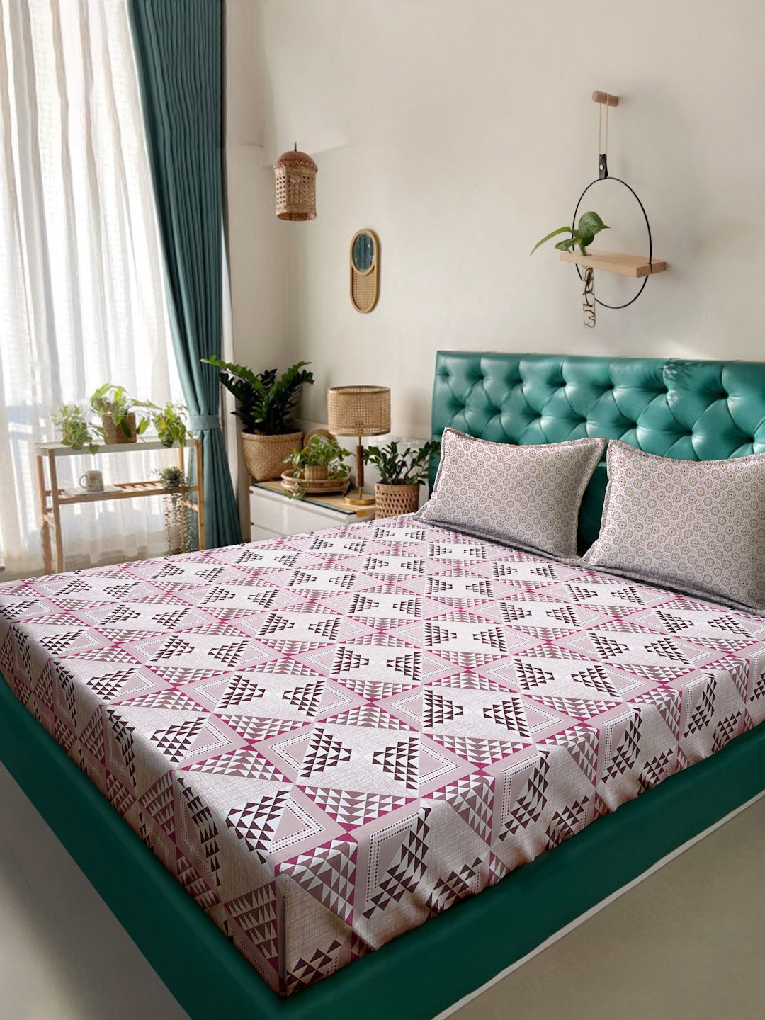 Myntra Elegant Homes Pink Printed Pure Cotton 400TC Fitted King Bedsheet Set 2.5 x 2.25m