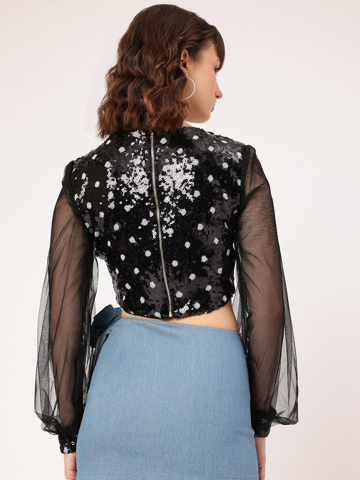 DressBerry Retro Rave Sequined Sheer Detail Crop Top