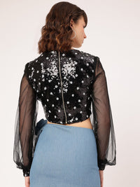 DressBerry Retro Rave Sequined Sheer Detail Crop Top