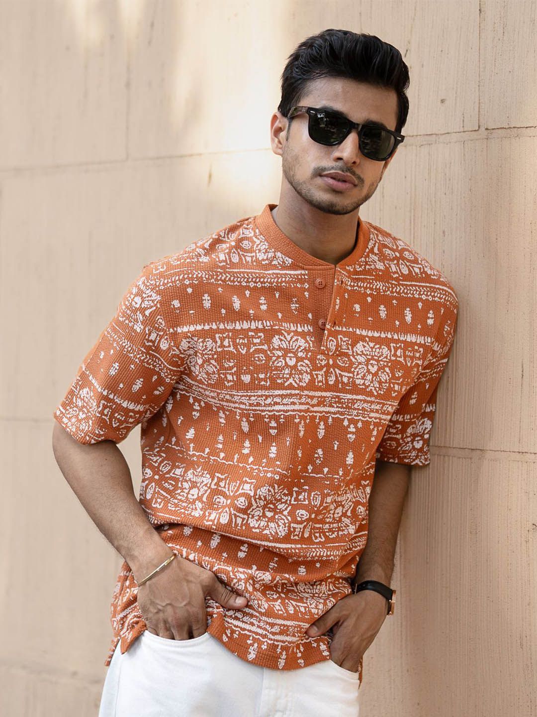 Powerlook Floral Printed Henley Collar Oversized T-shirt