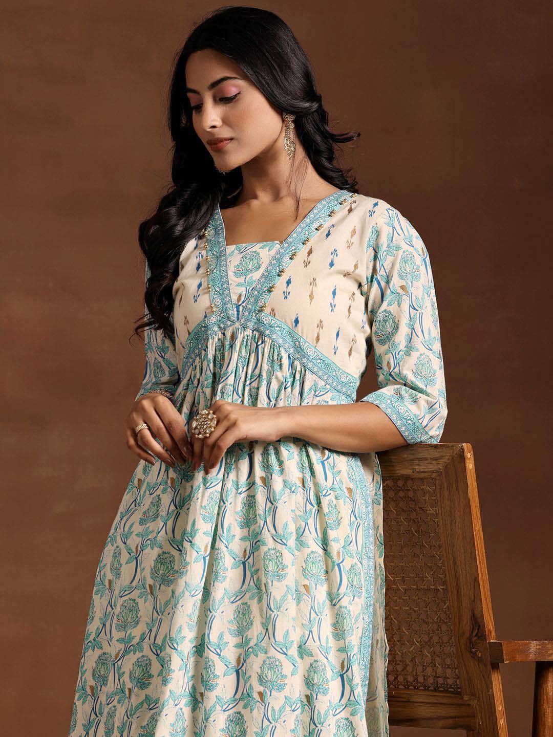 Libas Women Floral Printed Empire Beads and Stones Pure Cotton Kurta with Salwar