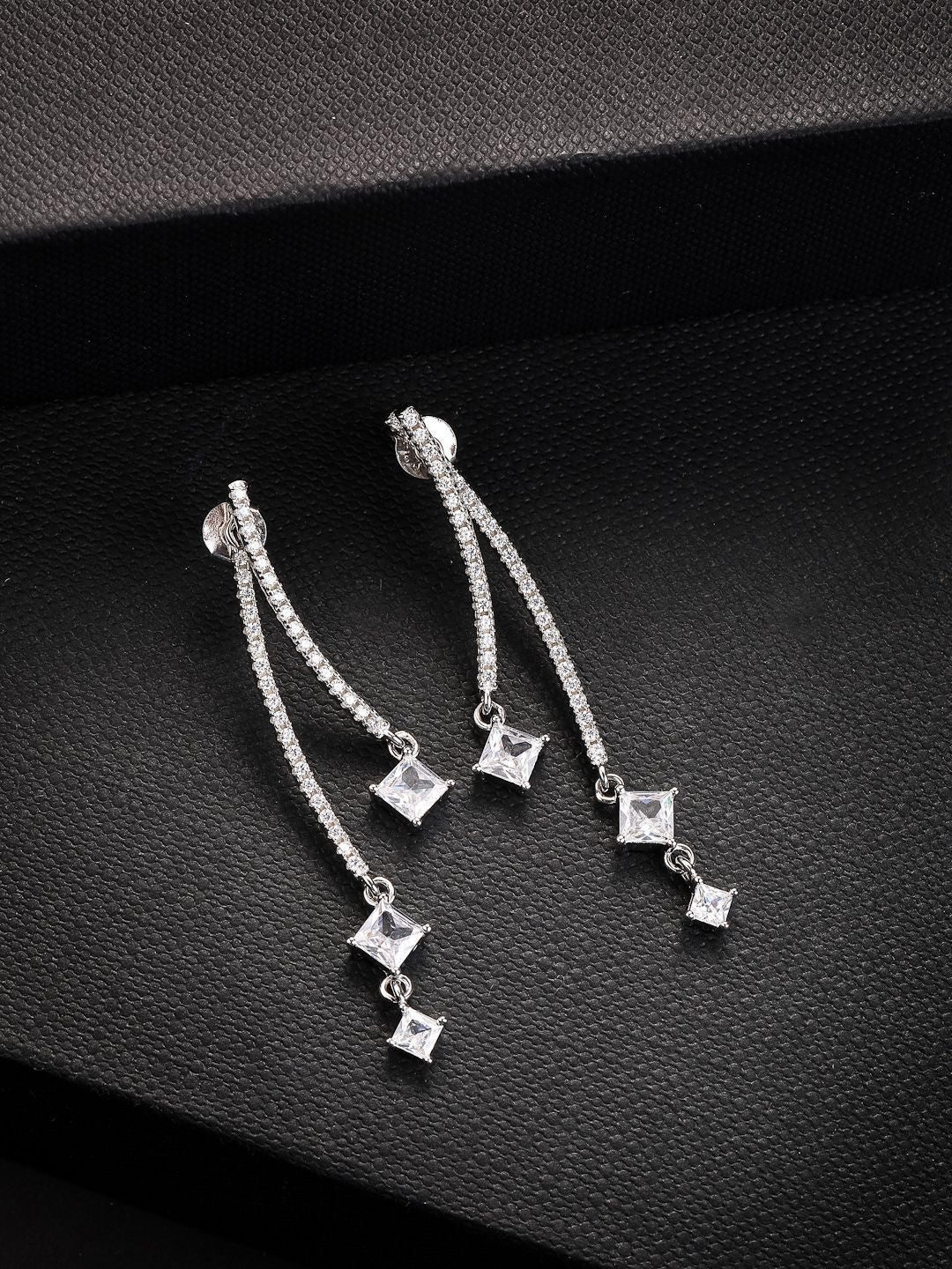 PANASH 925 Sterling Silver Rhodium-Plated CZ-Studded Drop Earrings