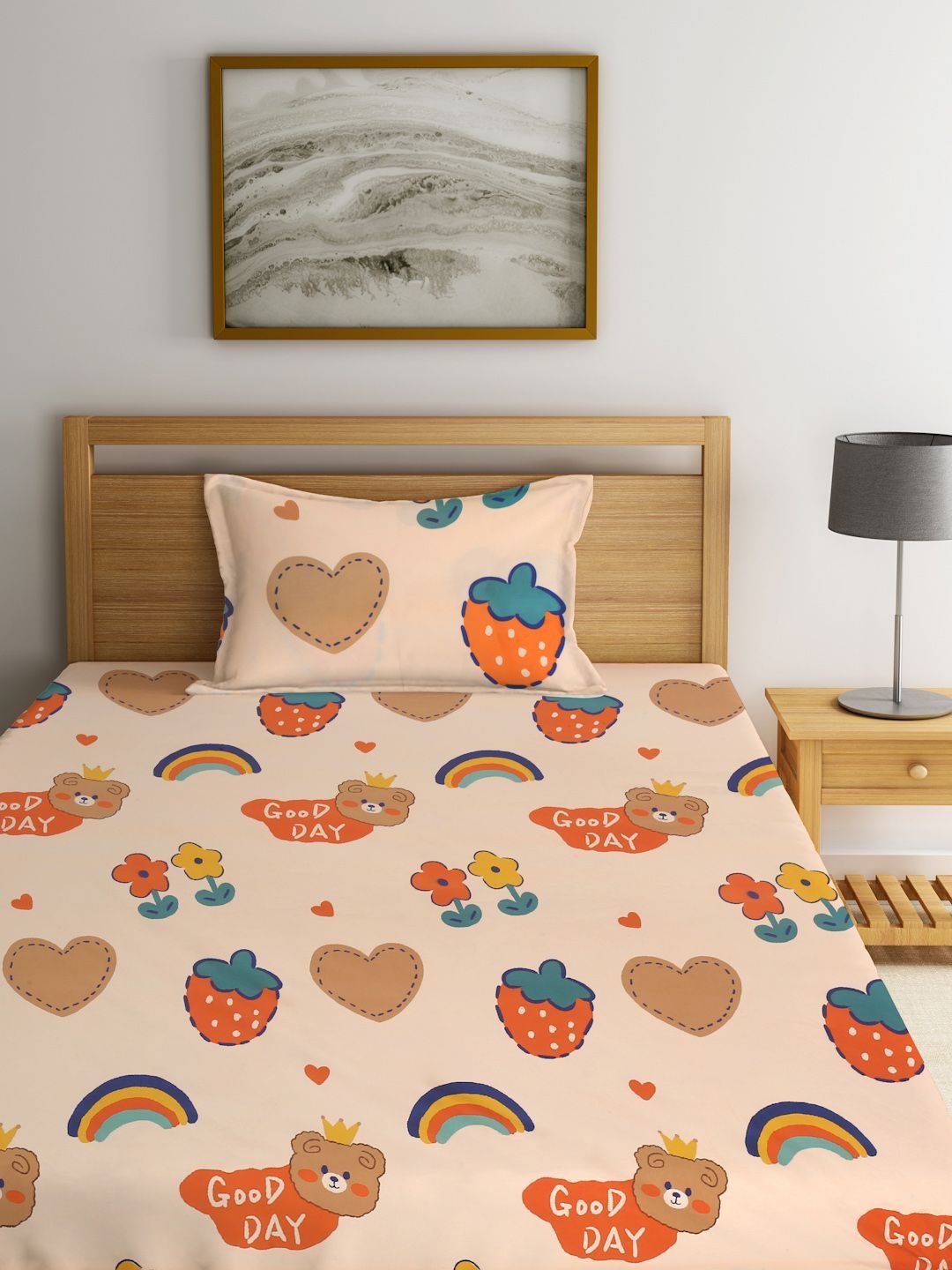 Myntra Elegant Homes Watak Kartun Pelbagai Warna 300 TC Cadar Tempat Tidur Single dengan 1 Sarung Bantal