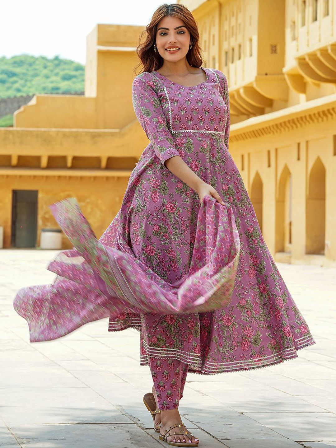 KALINI Floral Printed Gotta Patti Pure Cotton Anarkali Kurta With Trousers & Dupatta