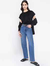 Rareism Wanita Pepejal Leher Kapas T-Shirt Santai
