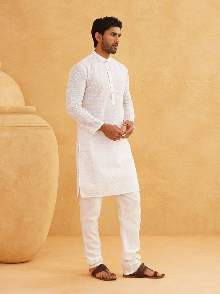 SOJANYA Ethnic Motifs Chikankari Band Collar Pure Cotton Straight Long Kurta