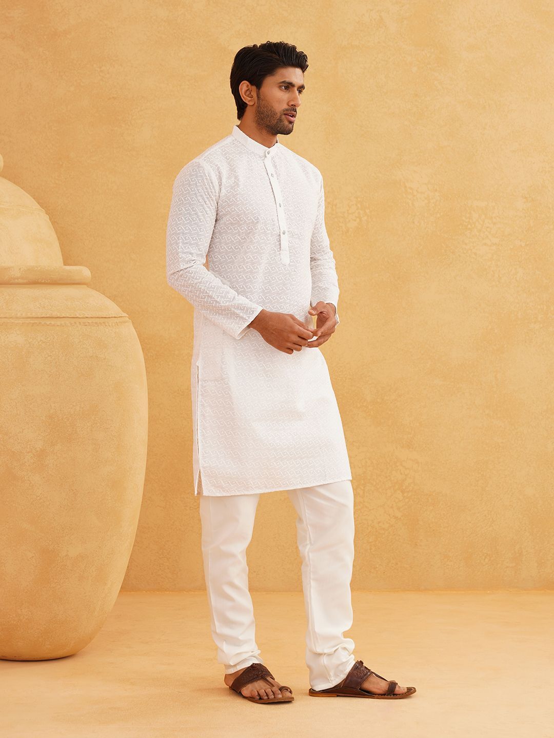 SOJANYA Ethnic Motifs Chikankari Band Collar Pure Cotton Straight Long Kurta