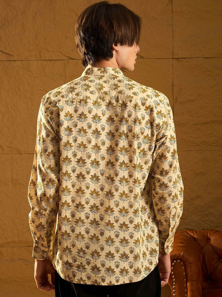 Dennison Floral Block dicetak kapas kolar mandarin pendek kurta pendek