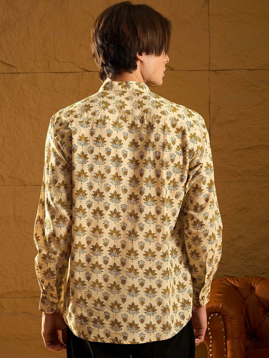 Dennison Floral Block dicetak kapas kolar mandarin pendek kurta pendek