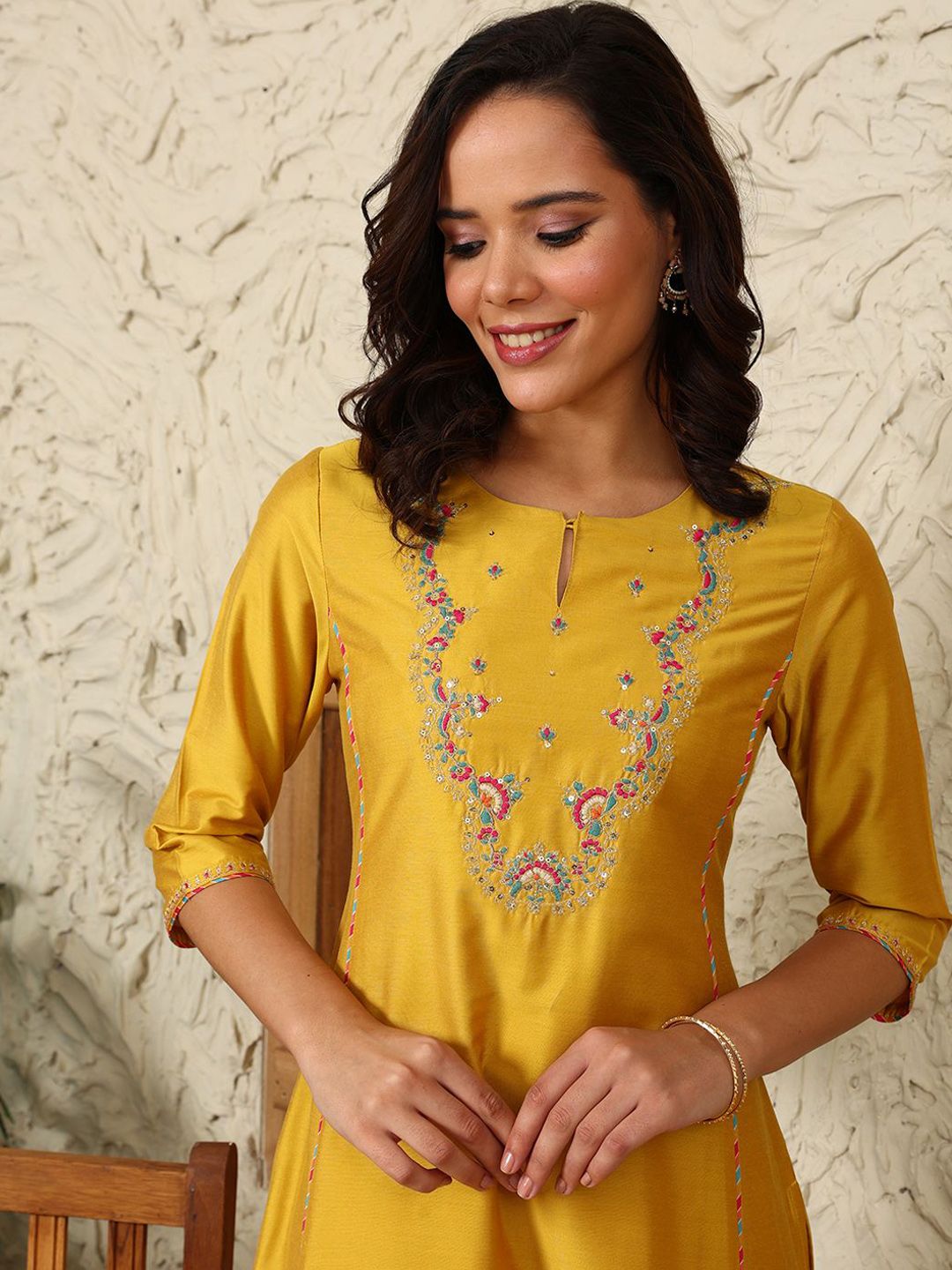 W Women Flared Sleeves Mirror Work Kurta