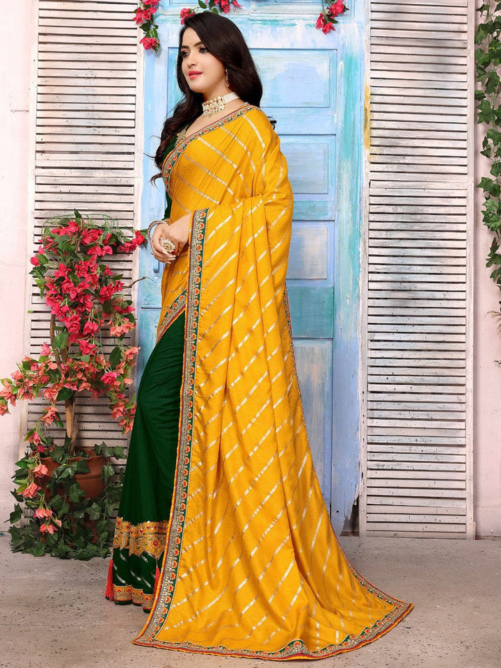 Saree mall Striped Sequinned Silk Blend Yellow Sarees