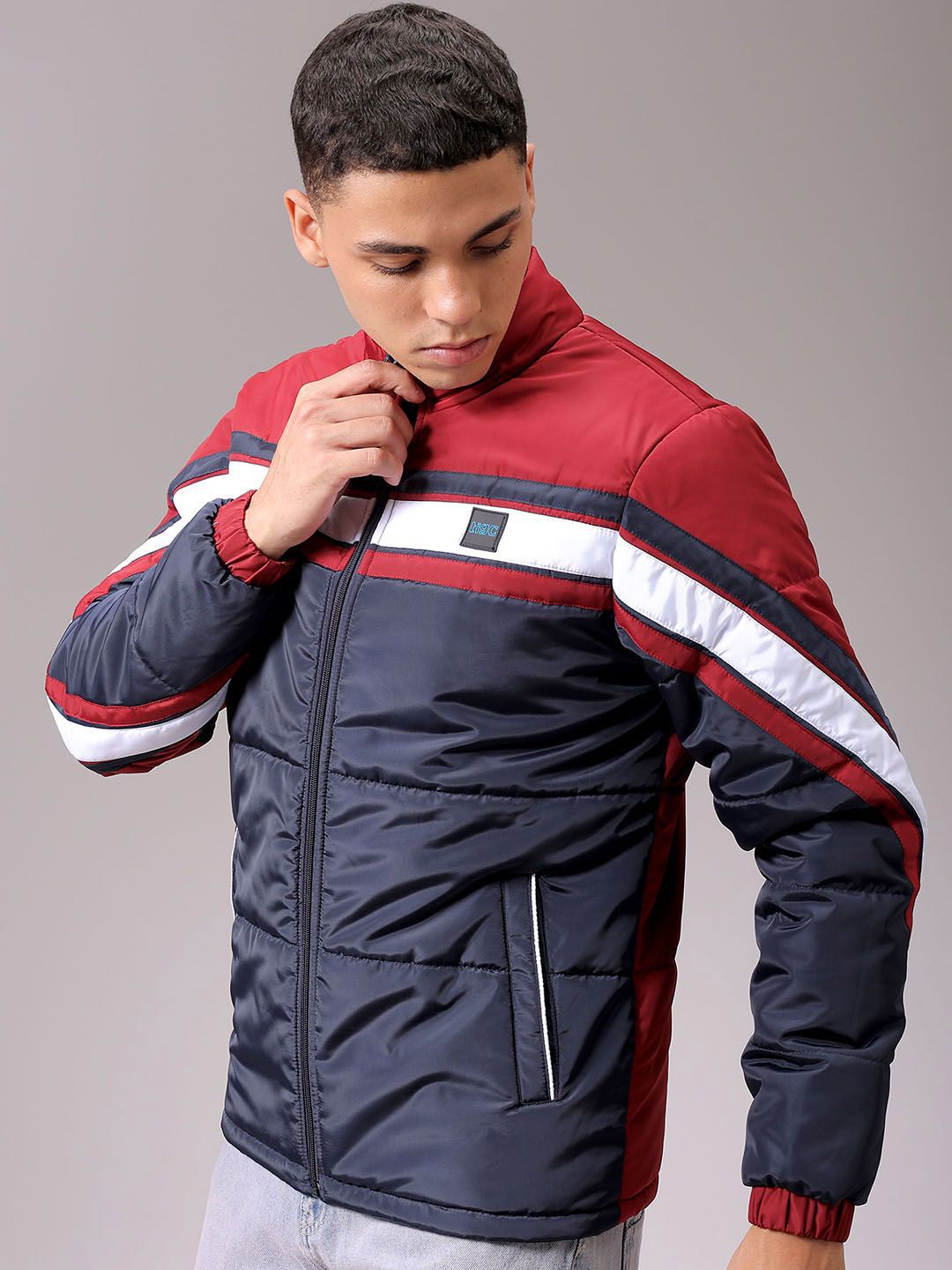 The Indian Garage Co Men High Neck Colourblocked Puffer Jacket
