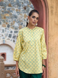 Rumah Wanita Chikankari Kurta Blok Tangan Kapas Kuning