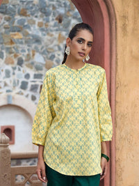 Rumah Wanita Chikankari Kurta Blok Tangan Kapas Kuning