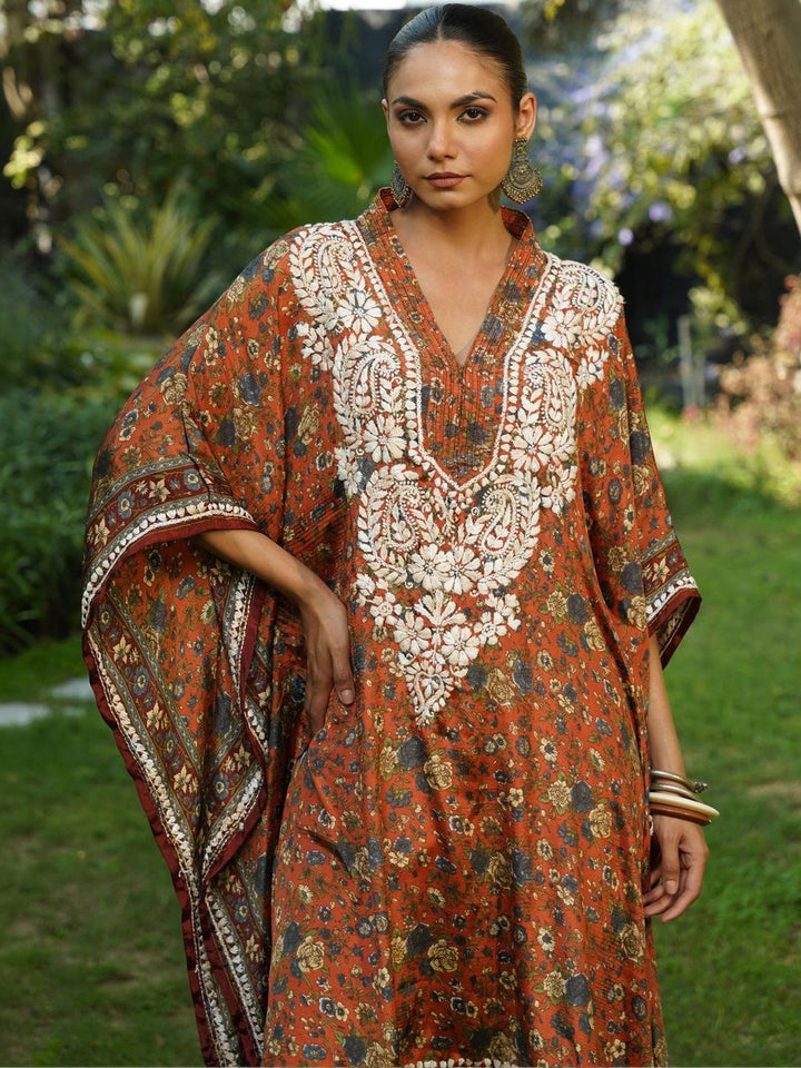 House of Chikankari Women Printed Chikankari Crepe Kaftan Kurta