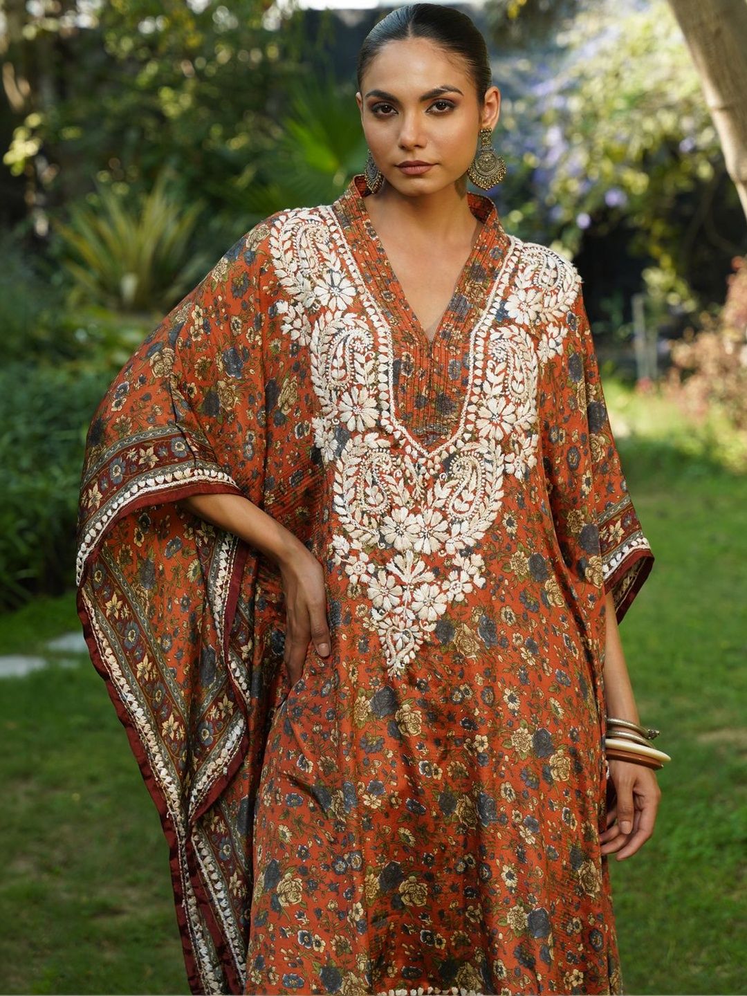 House of Chikankari Women Printed Chikankari Crepe Kaftan Kurta