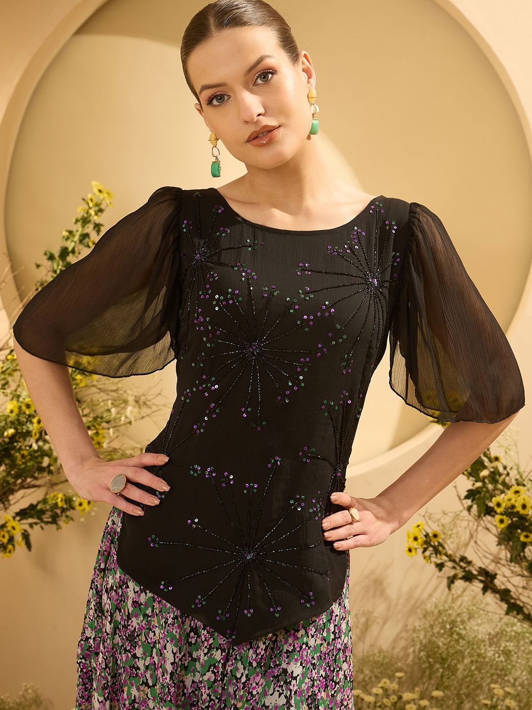 Antheaa Embellished Round Neck Top With Palazzo