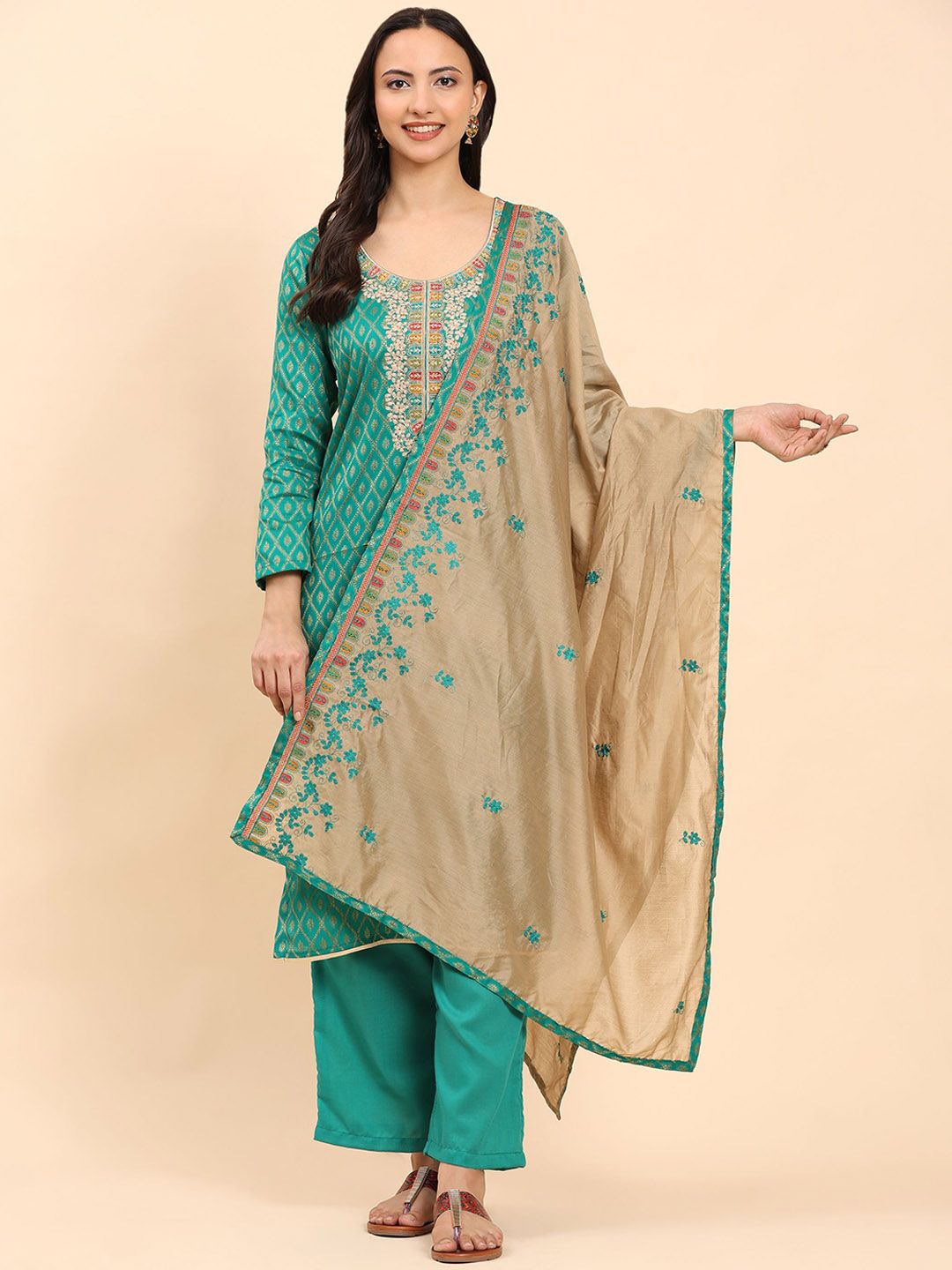 Mamicha Women Ethnic Motifs Embroidered Regular Thread Work Pure Cotton Kurta with Palazzos & With Dupatta