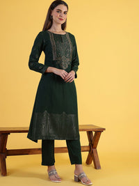 W Green Floral Embroidered Round Neck Straight Kurta With Trousers And Dupatta