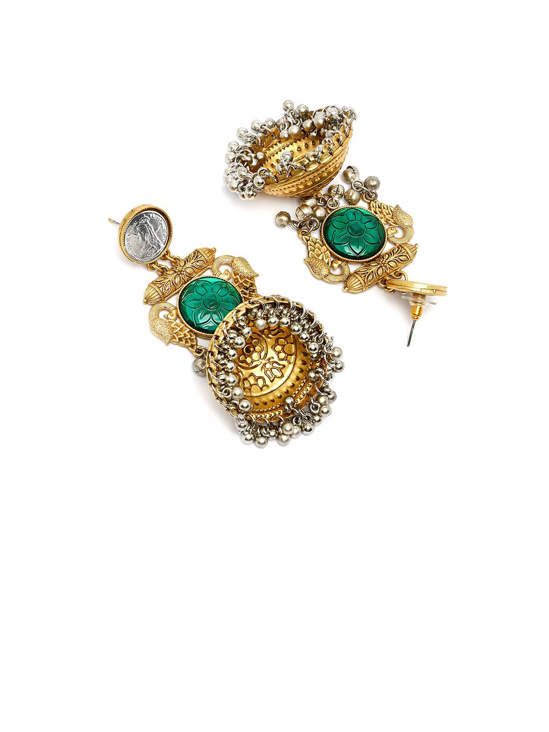 KARATCART Gold-Plated Dome Shaped Bird Motif Kundan Studded & Beaded Jhumkas