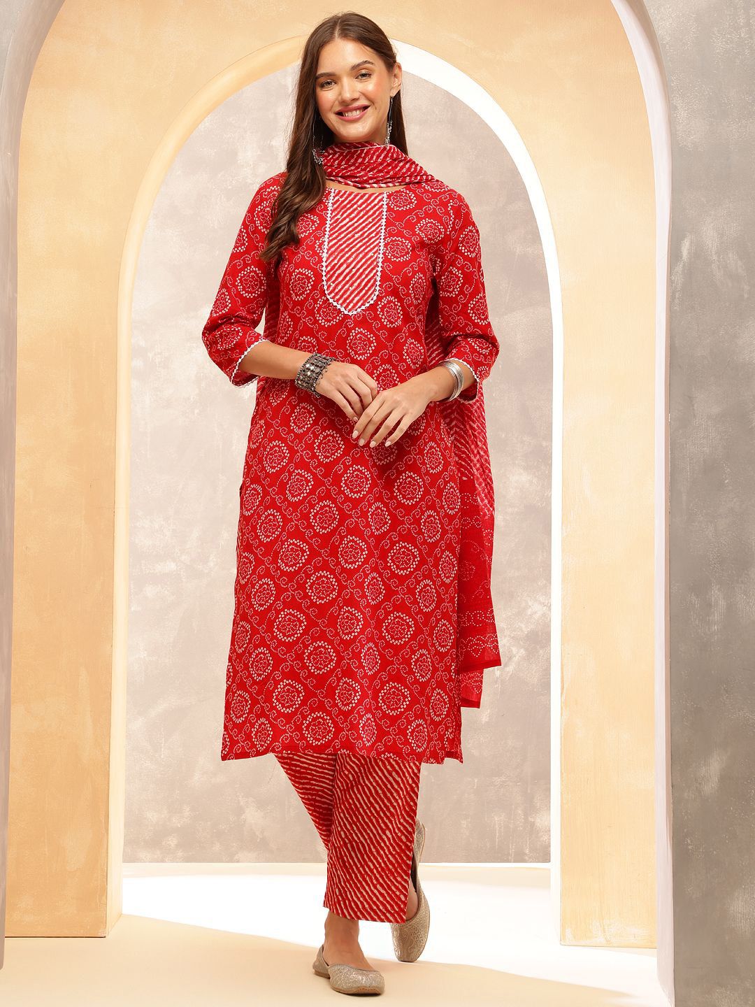 Anouk Women Ethnic Motifs Printed Regular Gotta Patti Pure Cotton Kurta with Trousers & With Dupatta