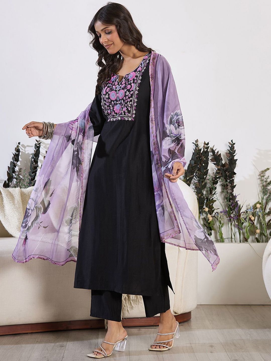 Indo Era Floral Embroidered Yoke Design Round Neck Regular Kurta With Trouser & Dupatta