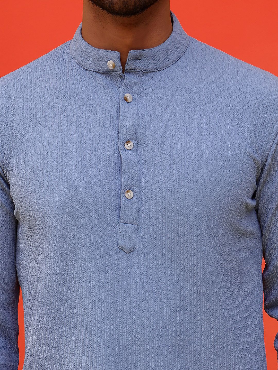 Jompers Striped Band Collar Long Roll-Up Sleeves Straight Kurta
