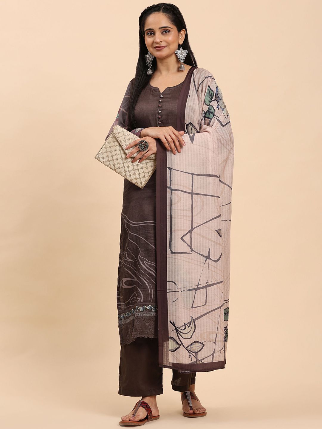 Mamicha Wanita Bercetak Kurta Kapas Tulen Biasa dengan Palazzos & Dengan Dupatta