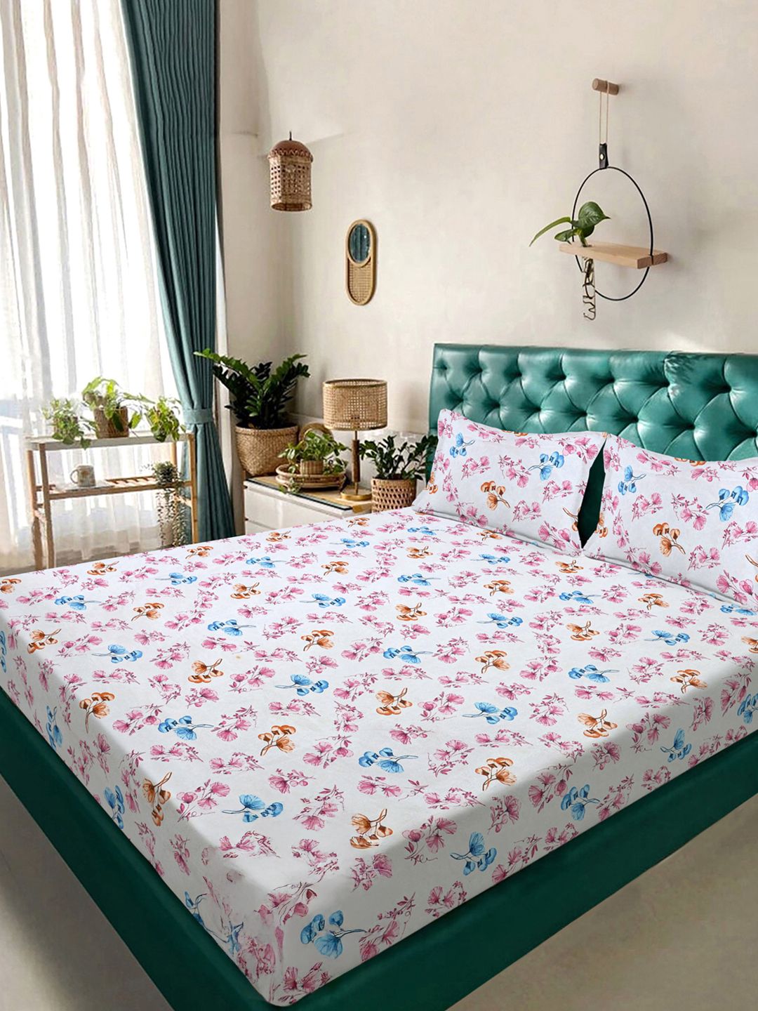 KLOTTHE White Floral Cotton 300 TC Fitted King Fine Bedsheet with 2 Pillow Covers-98 x 89 inches