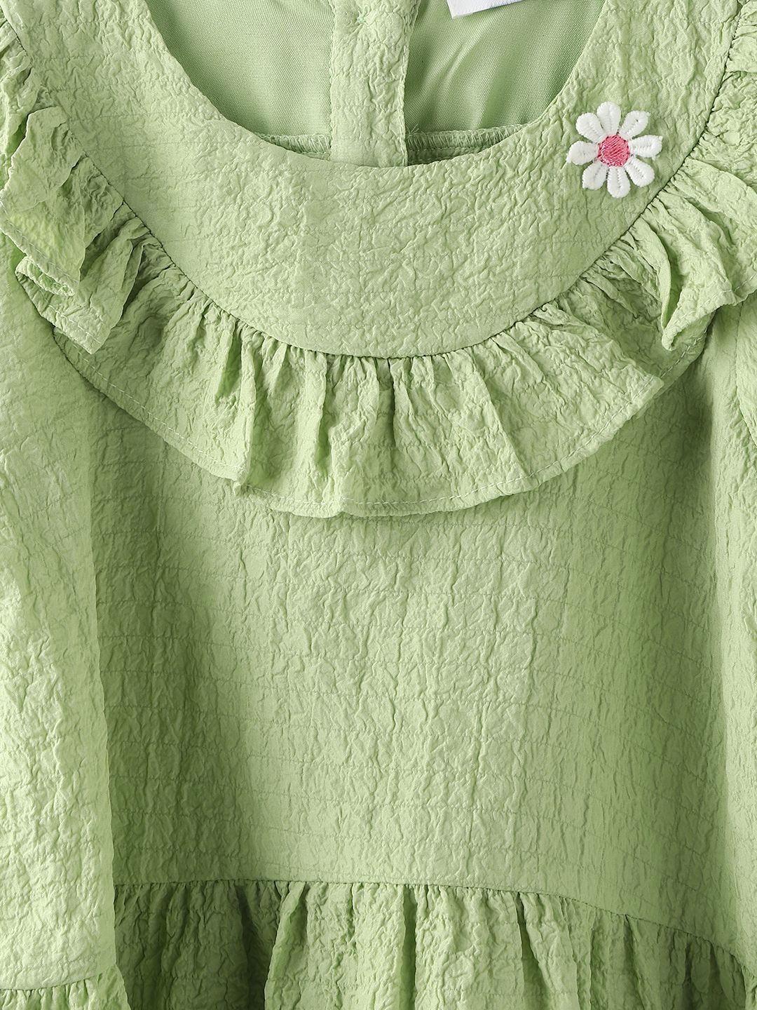 Nauti Nati Girls Green Cotton Crepe Dress with Floral Brooch