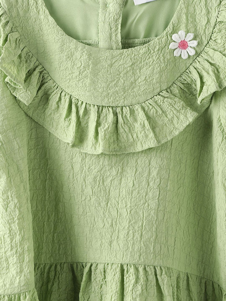 Nauti Nati Girls Green Cotton Crepe Dress with Floral Brooch